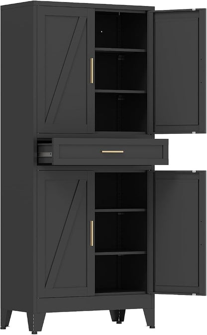 COFaR 71'' Tall Metal Pantry Cabinet with Drawer, Kitchen Storage Cabinet with 4 Doors and Shelves, Freestanding Farmhouse Food Cupboard for Kitchen Dinning Room Garage, Black 6-Tier