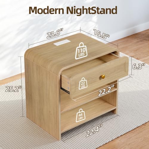 TIQLAB 24" Nightstands Set 2, With Drawer & Shelves, Natural Oak