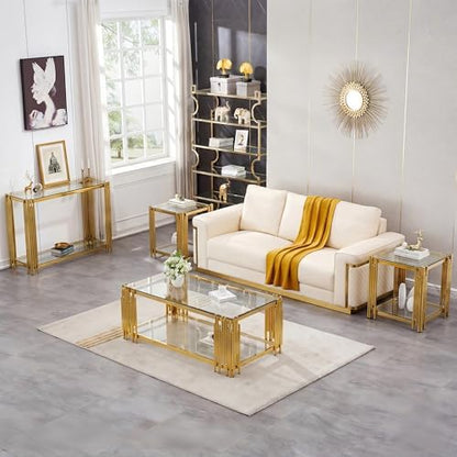 51" Luxury Glass Coffee Table Set of 4, Modern Console Table with 2 End Tables, Clear Tempered Glass Top & Golden Stainless Steel Leg, 4-Piece Living Room Table Set for Apartment Home Decor