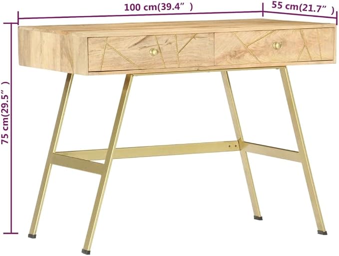 vidaXL Writing Desk, Computer Desk with Storage Drawers, Console Table with Steel Legs for Living Room Hallway, Modern Style, Solid Wood Mango