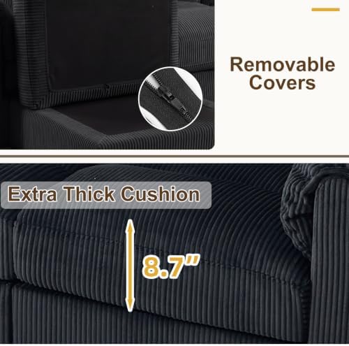 HAOMARKETS 135” Modular Sectional L Shaped Corner Sofa with 2 Movable Ottoman, Corduroy 10-Seater Couches with Thick Cushion for Living Room, Black