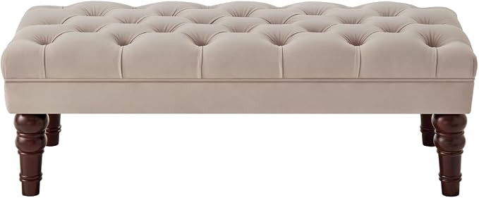 24KF Velvet Upholstered Buttons Tufted Entryway Bench with Solid Wood Leg,Bed Bench Ottoman with Padded Seat,5061N-Taupe