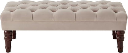 24KF Velvet Upholstered Buttons Tufted Entryway Bench with Solid Wood Leg,Bed Bench Ottoman with Padded Seat,5061N-Taupe