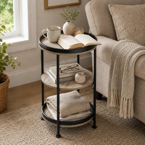 Dulcii Side Table, Round End Table with 3 Storage Shelves for Living Room, Bedroom, Nightstand with Steel Frame for Small Spaces, Industrial Round Sofa Table, Outdoor Accent Coffee Table, Oak