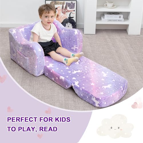 Comfy Kids Sofa Chair, 2-in-1 Fold Out Couch with Blanket