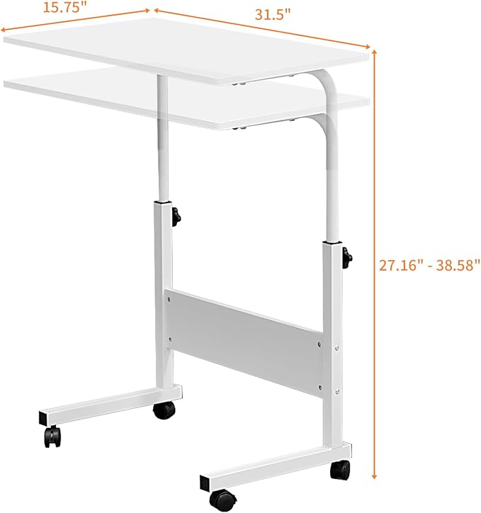Karl home Mobile Side Table 31.5 inch Computer Desk with Wheels Height Adjustable Rolling Potable Laptop Cart, C-Shaped Bed Couch Sofa End Tables with Edge Stopper for Livingroom Bedroom, White