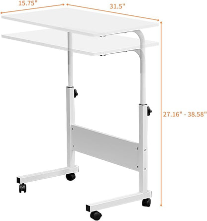 Karl home Mobile Side Table 31.5 inch Computer Desk with Wheels Height Adjustable Rolling Potable Laptop Cart, C-Shaped Bed Couch Sofa End Tables with Edge Stopper for Livingroom Bedroom, White