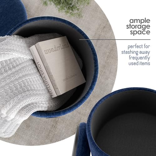 Round Ottoman with Storage, Textured Velvet Storage Ottoman, Foot Stool Ottomans, Makeup Vanity Stool, Small Ottomans Foot Rest, Modern Vanity Stools for Living Room and Bedroom, Blue