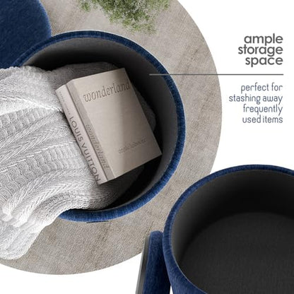 Round Ottoman with Storage, Textured Velvet Storage Ottoman, Foot Stool Ottomans, Makeup Vanity Stool, Small Ottomans Foot Rest, Modern Vanity Stools for Living Room and Bedroom, Blue