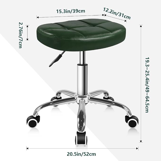 BFTOU 6-Square Lattice PU Swivel Stool with Wheel for Work SPA Shop Massage Height-Adjustable Rolling Stool Chair (Green)