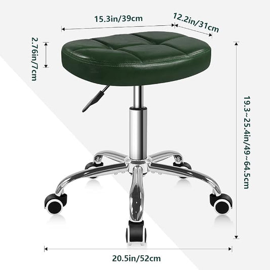 BFTOU 6-Square Lattice PU Swivel Stool with Wheel for Work SPA Shop Massage Height-Adjustable Rolling Stool Chair (Green)