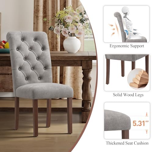 MALOL Upholstered Tufted Dining Room Chairs Set of 2, Parsons Kitchen Chairs with Padded Seat and Solid Wood Legs, Fabric Accent Side Diner Chair for Dining Room/Kitchen/Living Room, Light Grey