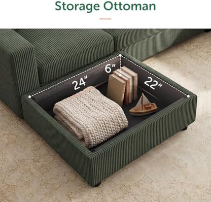 HONBAY Corduroy Sectional Couch with Storage, 8 Seater U Shaped Sectional Sofa Sectional Couches for Living Room, Green
