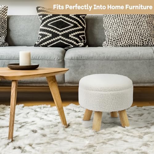 OGEMXU Ottoman Foot Stool, Small Ottoman with Storage,Round Storage Ottoman with Wood Legs, Soft Sponge Storage Footstool for Living Room, Bedroom, Couch, Enterway (Cream)
