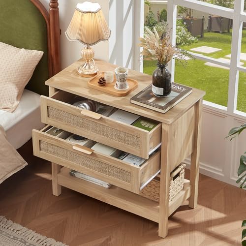 LEYAOYAO 26.8" Wide Rattan Night Stand, Oversized Large Nightstand