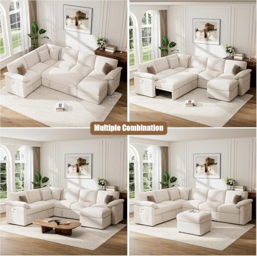 L Sleeper Sofa 109" Modular Sectional Sofa with Pull Out Bed, Beige