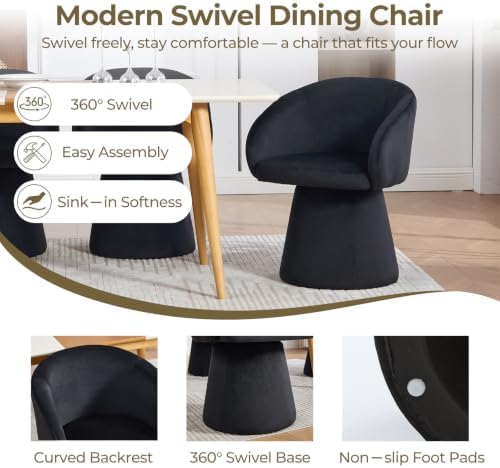 Swivel Barrel Dining Chairs Set of 2 with Back and Arm, Black