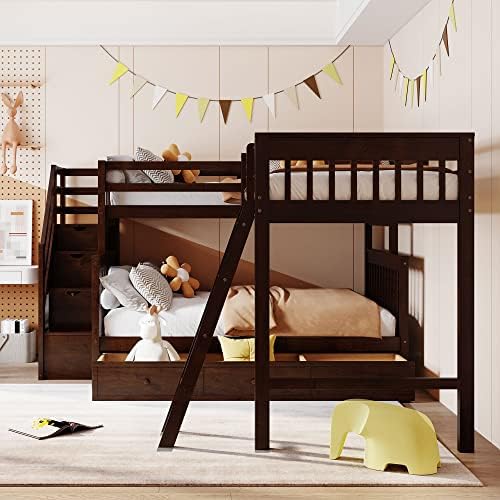 Wood L-Shaped Bunk Bed with Loft Bed Attached for 3 Kids,Twin Over Full Corner Bunk Beds with 3 Drawers, Ladder and Staircase,No Box Spring Needed (Espresso/L+A)