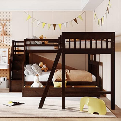 Wood L-Shaped Bunk Bed with Loft Bed Attached for 3 Kids,Twin Over Full Corner Bunk Beds with 3 Drawers, Ladder and Staircase,No Box Spring Needed (Espresso/L+A)