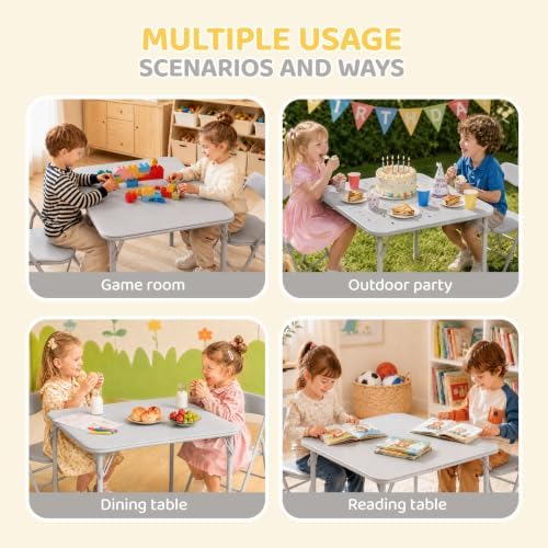JOYMOR Kids Folding Table and Chairs Set, 3-Piece Metal Frame Activity Set with Easy-Fold Design for Playroom & Classroom, Gray