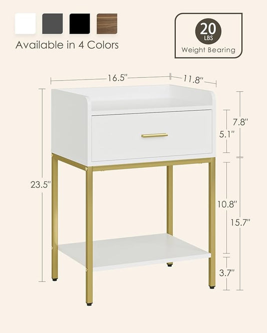 Masupu Nightstand,3-Tier Modern Bedside Night Stand with Storage Drawer and Shelf,Small End Side Table for Bedroom,Living Room,White (Without Outlet, White)