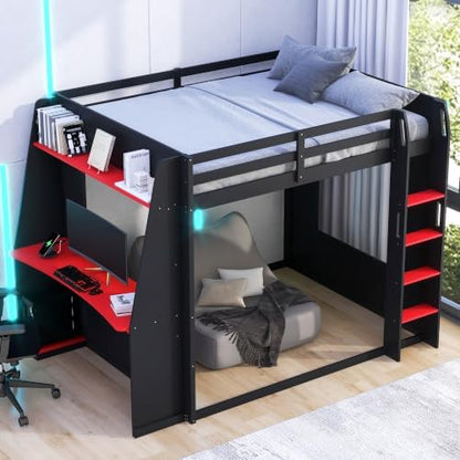 Queen Size Wooden Gaming Bunk Bed with Desk Black+Red1