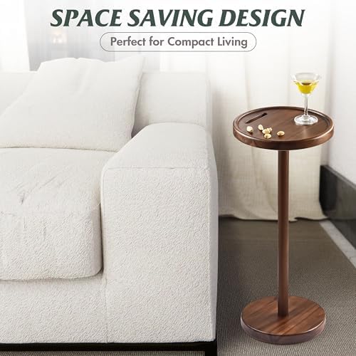 BLUEWEST Small Round Side Table, Drink Table with Phone Slot, 24.4" Walnut
