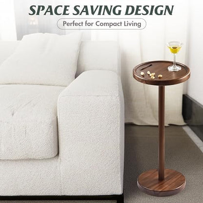 BLUEWEST Small Round Side Table, Drink Table with Phone Slot, 24.4" Walnut