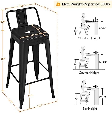 Yaheetech 30 Inch Metal Bar Stools Set of 4 Bar Chairs with Low Back, Black
