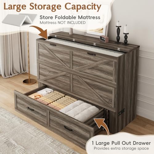 Hlivelood Queen Size Farmhouse Murphy Bed with Drawer&Charging Station,Grey