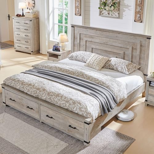 T4TREAM 54" Tall Farmhouse King Size Bed Frame, Light Rustic Oak