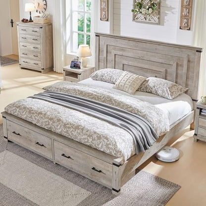 T4TREAM 54" Tall Farmhouse King Size Bed Frame, Light Rustic Oak