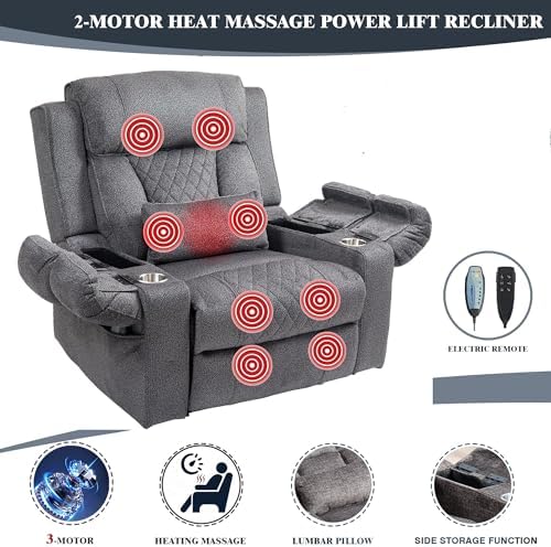 Oversized Recliner Chair for Big Man Lay Flat 180°, 28 Inch Extra Wide Power Lift Recliner with Heat Massage, Dual Motor, Flip Arm Storage Cup Holder for Elderly