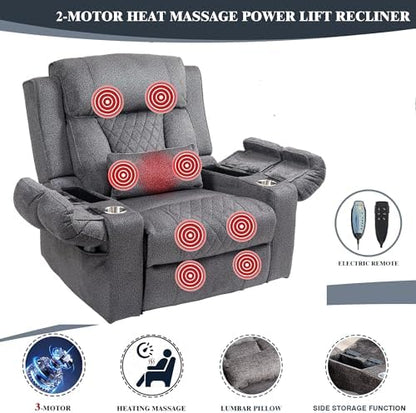 Oversized Recliner Chair for Big Man Lay Flat 180°, 28 Inch Extra Wide Power Lift Recliner with Heat Massage, Dual Motor, Flip Arm Storage Cup Holder for Elderly