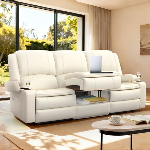3 Seater Reclining Sofa, Recliner Sofa with Liftable Console (Pu,White)