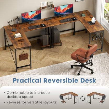 DUMOS L Shaped Computer Desk with PC Stand, Corner Workstation, Brown