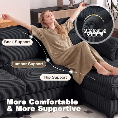 HAOMARKETS 135” Modular Sectional L Shaped Corner Sofa with Movable Ottoman, Corduroy 8-Seater Couches with Thick Cushion for Living Room, Black