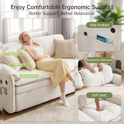 63" Pull Out Loveseat Sofa Bed, Velvet Convertible Sleeper Couch, Beige
