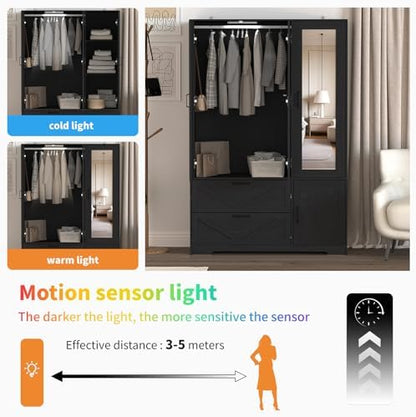 72'' Armoire Wardrobe Closet with Mirror Door & Light, Farmhouse Bedroom Clothes Cabinet with 4 Doorrs + Hanging Rod + 2 Drawers, Wooden Wardrobe Cabinet with Adjustable Shelf for Bedroom