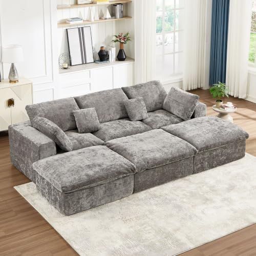 117.5" Oversized Boneless Sleeper Couch,Deep Seat Modular Sectional Sofa Bed,Boneless Couch Sleeper Sofa,Cloud Couch for Living Room,No Assembly,Chenille Light Grey