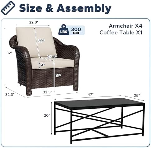 5 Piece Patio Furniture Set, Wicker Outdoor Conversation Set