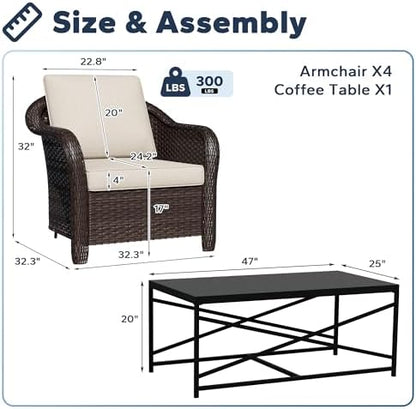 5 Piece Patio Furniture Set, Wicker Outdoor Conversation Set