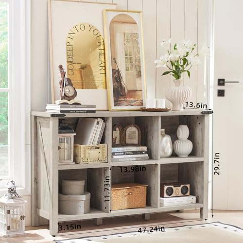 Joaxswe Farmhouse 6 Cube Bookshelf, Rustic Grey Oak Wooden Storage Organizer Book Shelf, 47 Inch Cubby Hallway Bookcase, Kids Toy Storage Cabinet, Modern Open Book Case for Living Room, Hallway