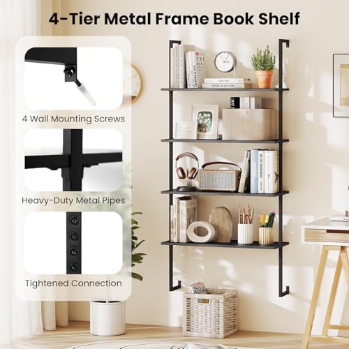 Tangkula 4-Tier Wall Mounted Bookshelf, Wooden Ladder Shelf, Black