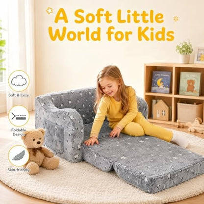 Kids Sofa Chair, 2-in-1 Foldable Couch, Plush, Dusty Grey
