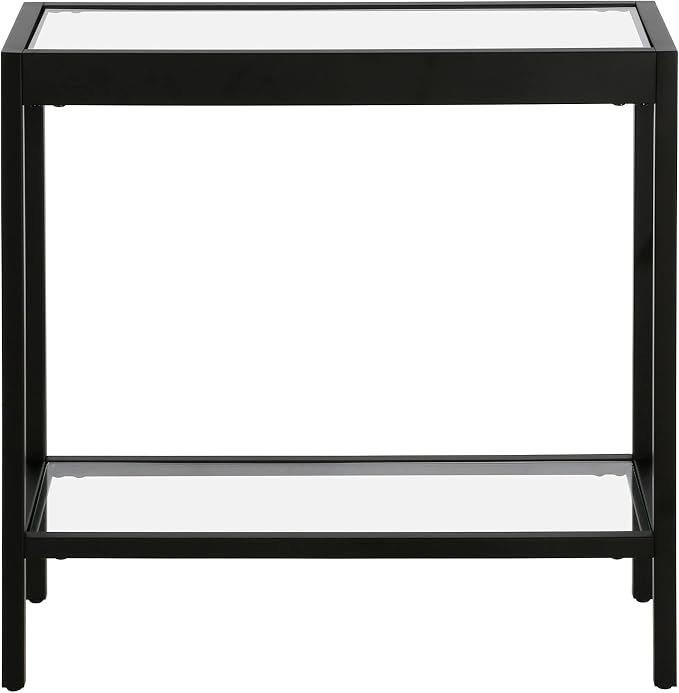 Henn&Hart 24" Wide Rectangular Rectangular Side Table in Blackened Bronze, Table for Living Room, Bedroom | Two-tiered glass shelves with a metal frame, offering open display space for living rooms, offices, or bedrooms
