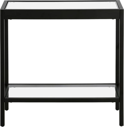 Henn&Hart 24" Wide Rectangular Rectangular Side Table in Blackened Bronze, Table for Living Room, Bedroom | Two-tiered glass shelves with a metal frame, offering open display space for living rooms, offices, or bedrooms