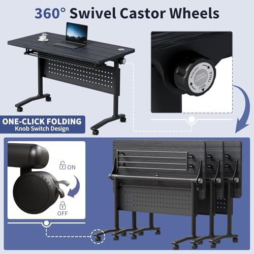Folding Conference Table, Conference Room Tables with Wheels Foldable Large Rectangle Meeting Seminar Table for 6-12 People, Flip Top Mobile Training Table for Office Classr (2, Black 4, 55.1in)
