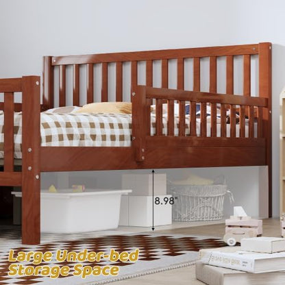 Bellemave Kids Full Bed Frame with Fences and 2 Drawers, Full Size Wooden Platform Bed with Guardrails on Both Sides for Boys Girls, Walnut