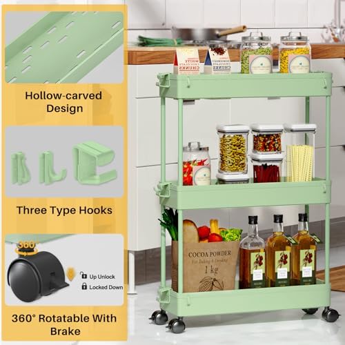 SPACEKEEPER Slim Rolling Storage Cart, 3 Tier Bathroom Cart Organizer,Green